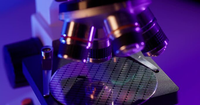 Macro tracking shot microscope objectives adjusting over microchip silicon wafer on laboratory stage during close inspection.