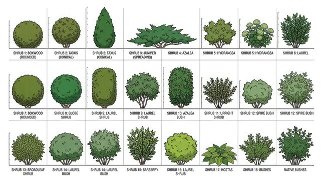 Landscape architecture shrub identification chart vector illustration containing icons for boxwood, juniper, azalea, hydrangea, laurel, and hosta for garden design and landscaping projects