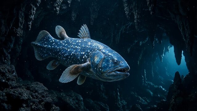 Coelacanth Swimming in Deep Sea Underwater Cave