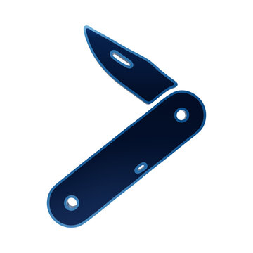 Folding pocket knife icon in blue neon style representing multi-tool utility gear for camping and survival equipment isolated on a transparent background