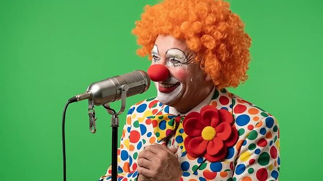 Clown in polka dot suit speaking into microphone