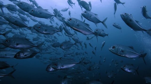 School of jackfish racing by as they shine in the light