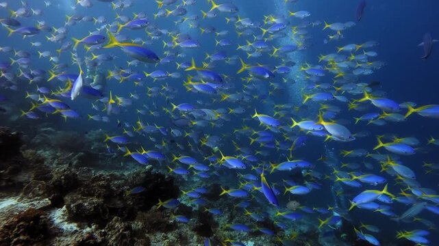 Swimming through a large mesmerising school of yellow tail fusiliers