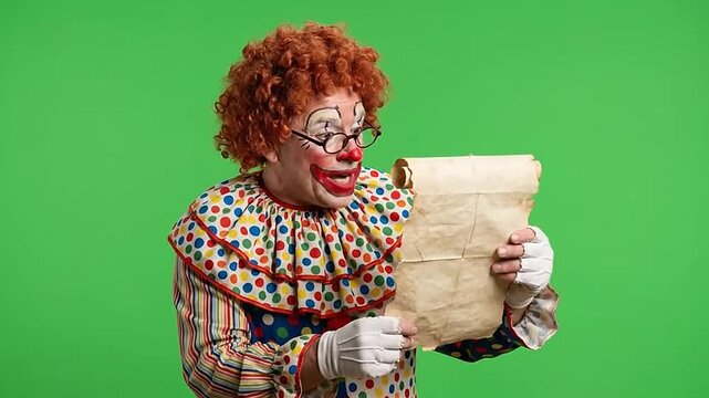 Funny clown reading an old paper scroll on green screen