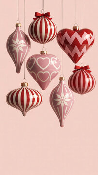 Red and pink Christmas ornaments on pastel background. Glossy striped, heart-shaped and floral baubles in a romantic retro, vintage  festive style. Space for text. 