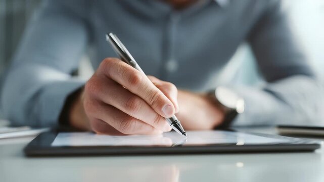 Businessman signing digital document on tablet with stylus pen in modern office environment. Close up of male hand using electronic signature technology for secure online agreements