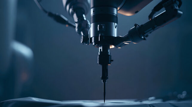 Close up of a robotic arm with a sharp tool poised over a textured surface in a dimly lit industrial setting