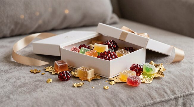 Assorted jelly candies in open gift box on plush sofa