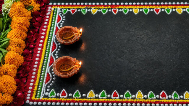 Floor decorated with colorful rangoli patterns and two glowing clay diyas generated using ai