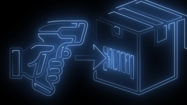 Neon Blue Barcode Scanner Parcel Tracking and Logistics Warehouse Motion Graphic