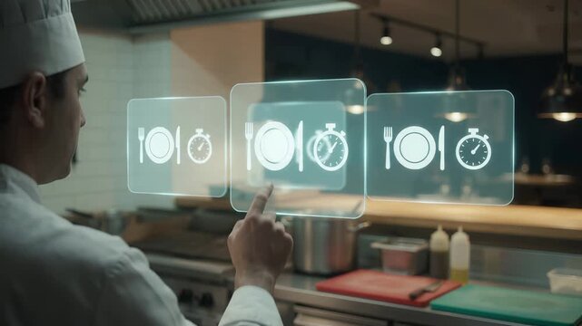 Chef in professional uniform interacts with digital interface displaying plate, cutlery, and timer icons for efficient restaurant kitchen management and food service.