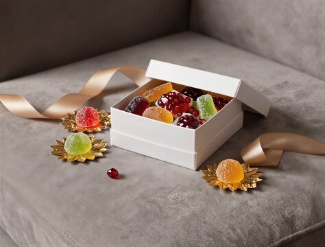 Assorted fruit jellies arranged in open gift box on sofa