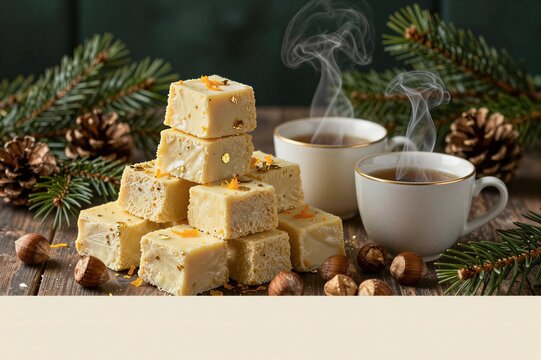 White fudge squares stacked beside steaming cups and pine