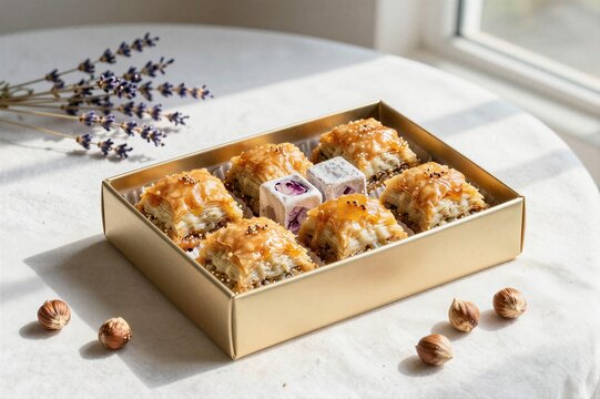 Assorted baklava and lokum in gold gift box on table