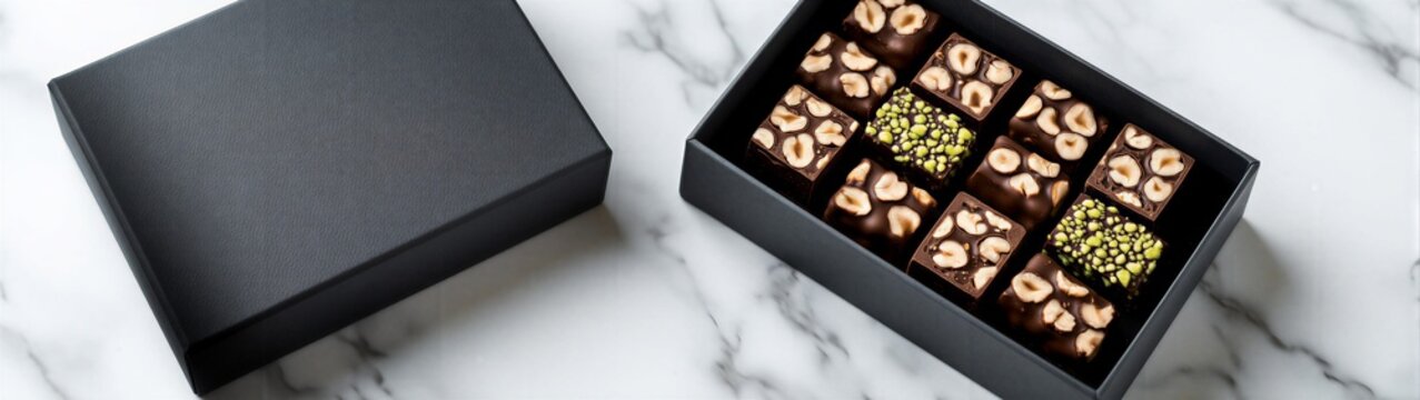 Open box of assorted chocolates displayed on marble surface