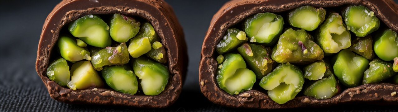 Chocolate shell cut open showing pistachio filling closeup