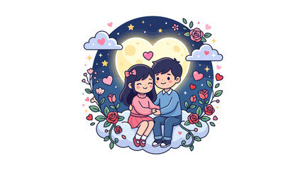 Fototapeta premium Couple sitting on cloud against heart moon background.
