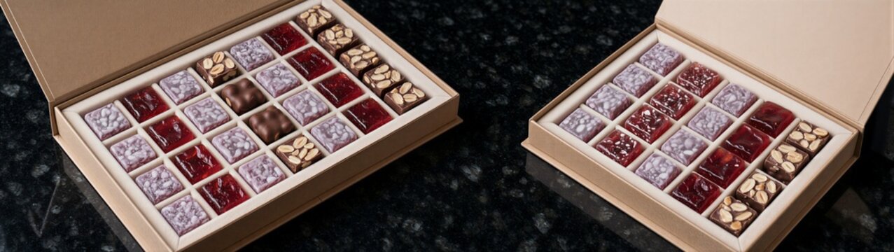 Assorted confectionery boxes opened on dark countertop