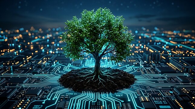 Digital tree growing from a circuit board representing technology and nature