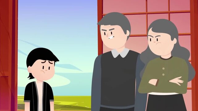 Sad young boy standing before angry elderly grandparents in a flat vector animation video clip showcasing family conflict and tension