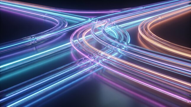 Abstract glowing neon fiber optic cables curving and intersecting like a data highway on a dark reflective surface