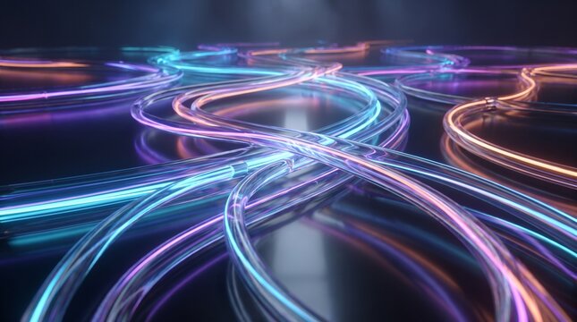 Wavy glowing neon fiber optic cables weaving and crossing on a dark reflective surface