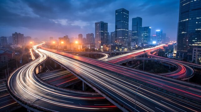 Long exposure view of a complex highway interchange with glowing car light trails in a modern city at night