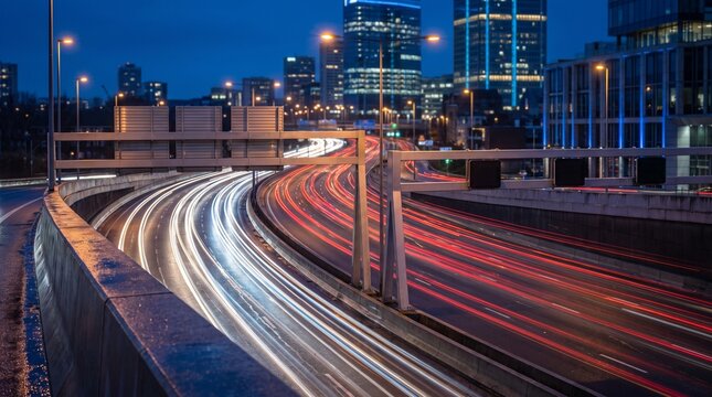 Red and white long exposure traffic light trails on a curved urban highway at dusk with a modern city skyline