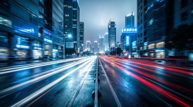 Low angle view of fast moving traffic light trails on a wet city street at night with modern skyscrapers
