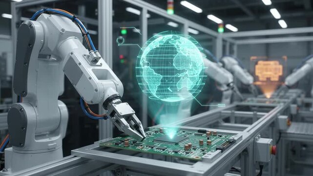 Robotic arm assembling circuit board with digital globe network above. Automation and technology in electronics manufacturing plant for global industrial production and smart engineering systems.