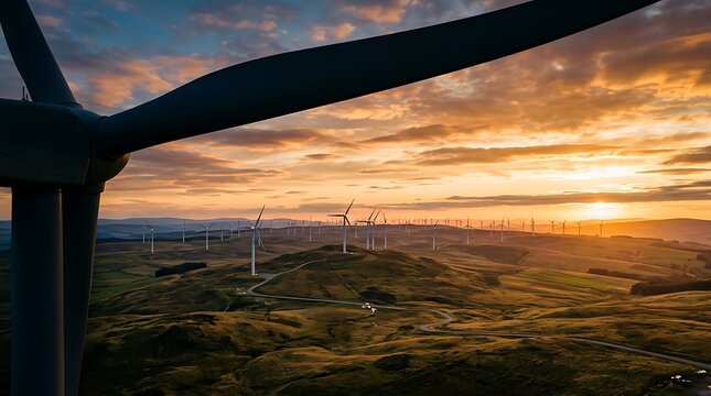 Wind turbine farm on rolling hills at sunset