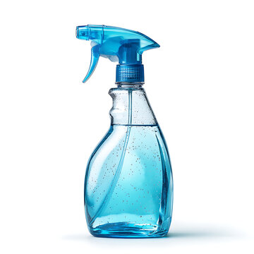 Blue transparent spray bottle filled with liquid cleaner on a white background   