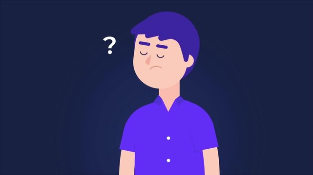 Confused young man thinking with a question mark animation appearing above his head in this creative 2d motion graphic video