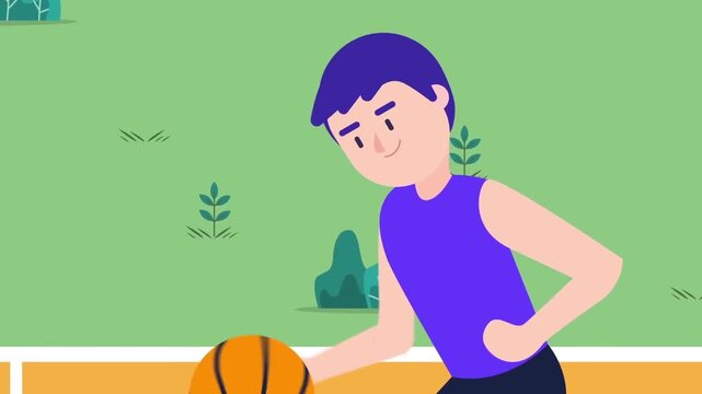 Basketball player dribbling ball across yellow outdoor court in this smooth flat vector style character animation motion video clip project