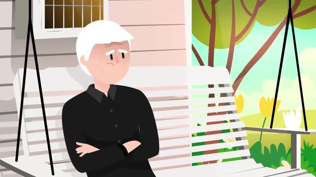 Sad elderly man sitting alone on porch swing animation showing emotional distress in this expressive flat style character design video