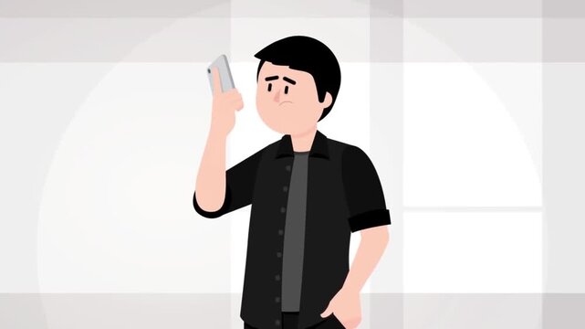 Animated man holding mobile phone and speaking during digital video conversation in simple flat 2d style motion graphic design clip