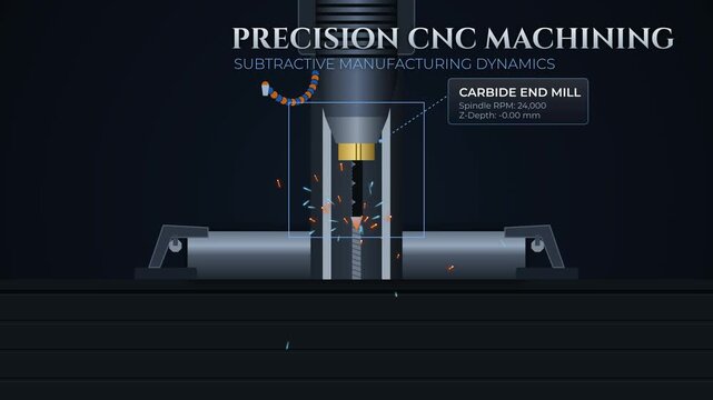 Animation of precision CNC machining showing subtractive manufacturing dynamics with a carbide end mill cutting titanium alloy and digital display of spindle RPM and z-depth