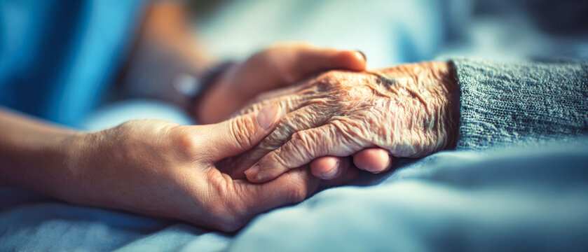 In a hospital, a nurse gently holds the hand of an elderly woman, showing warmth and support during a close and caring moment