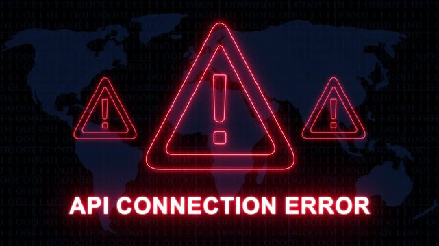 Digital api connection error warning sign with glowing red neon warning triangles and binary code map background, for cybersecurity, network, failure, software development