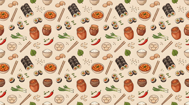 Traditional Korean Food Seamless Pattern Background 