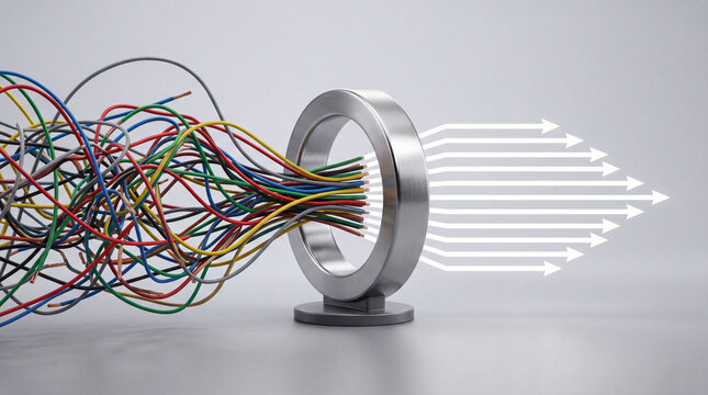Tangled colorful wires entering a metallic conduit, data stream outputting as organized arrows, technology concept for data processing and organization