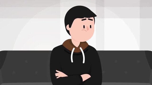 Sad young man sitting on a couch with arms crossed showing unhappy expressions in this flat vector animation motion footage