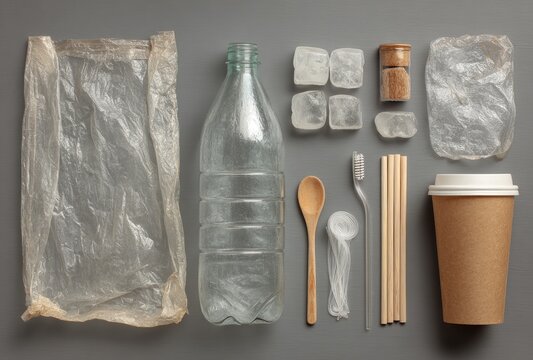 Assorted plastic and single-use items on gray surface