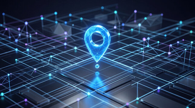 Glowing digital map pin location marker hovering over a futuristic circuit board, symbolizing navigation technology and data connectivity