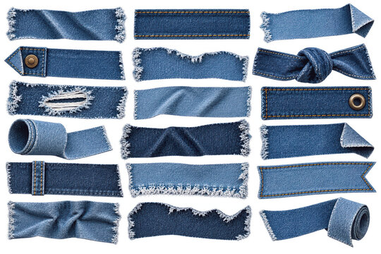 Collection of denim fabric patches and ripped jeans scraps, 3d render of blue jean textile strips with frayed edges and metal rivets on transparent background for fashion branding and design