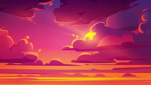 Vibrant sunset sky animation featuring purple clouds and glowing sun rays in a seamless digital motion looping background video clip