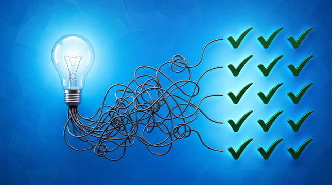 Glowing light bulb connected by tangled wires to a series of green checkmarks, representing successful idea implementation and problem solving on a blue gradient background