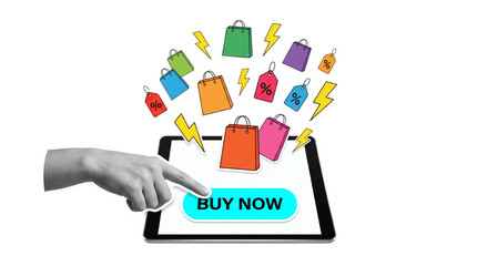 Obraz premium Composition of a hand pressing a buy now button on a tablet beneath colorful shopping bags and lightning, symbolizing online shopping and retail sales, isolated on a transparent background.