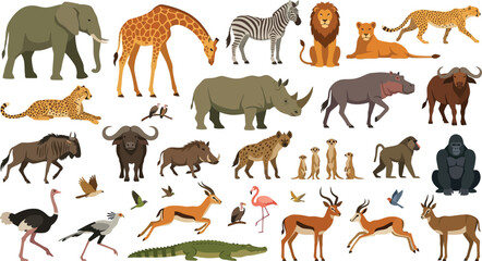 Obraz premium African Safari Animals Collection in Flat Vector Style with Simple Background