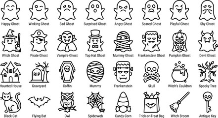 Obraz premium A collection of halloween themed flat vector icons depicting ghosts monsters and traditional symbols witch pumpkin skull spiderweb cauldron bat